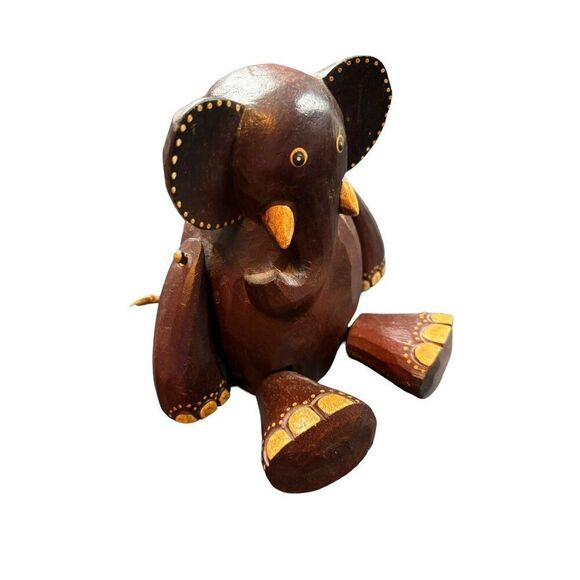 Hand-Carved Wooden Elephant Figurine With Hinged Legs & Decorative Accents - Picture 2 of 9